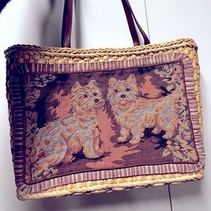 Wicker tote bag. Granny bag. Vintage. Deep tote. Scotty dogs. Carpet print.